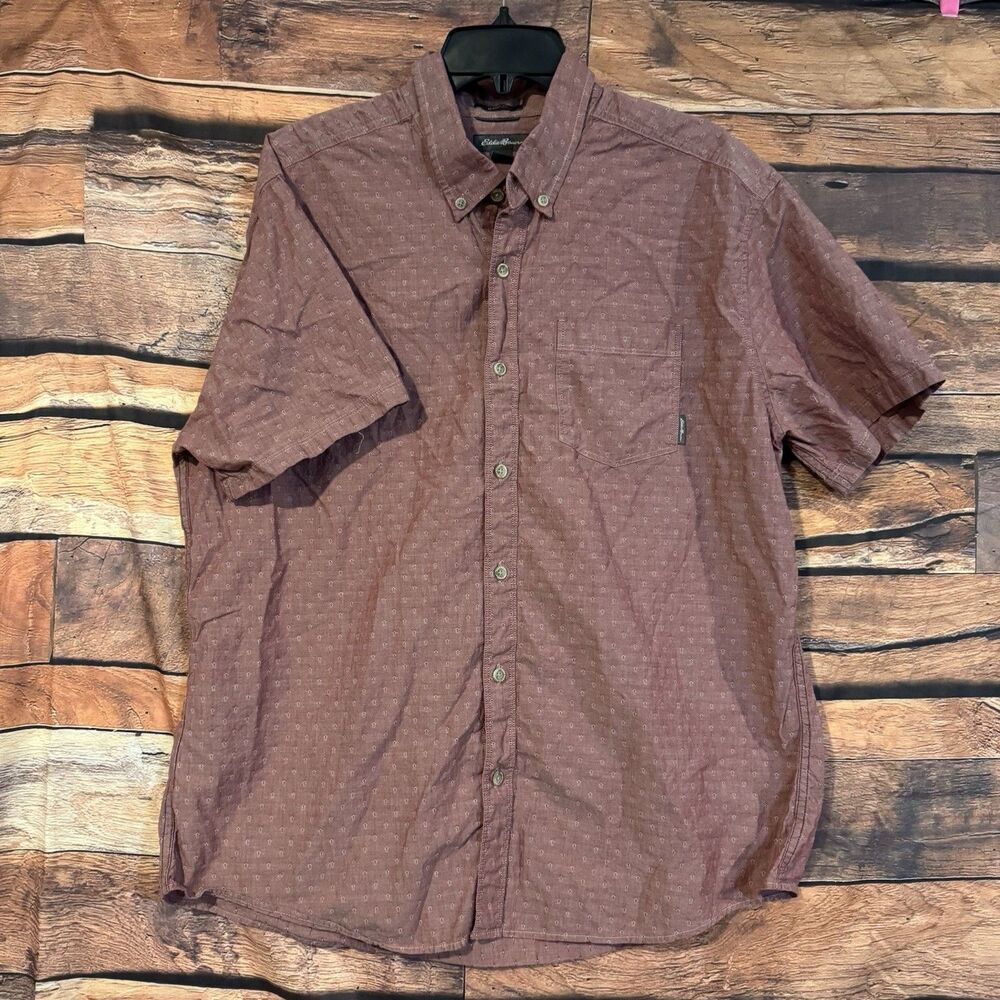Eddie Bauer Men's XL SS Woven Tech Button Down Shirt Maroon Arrow Pattern Pocket
